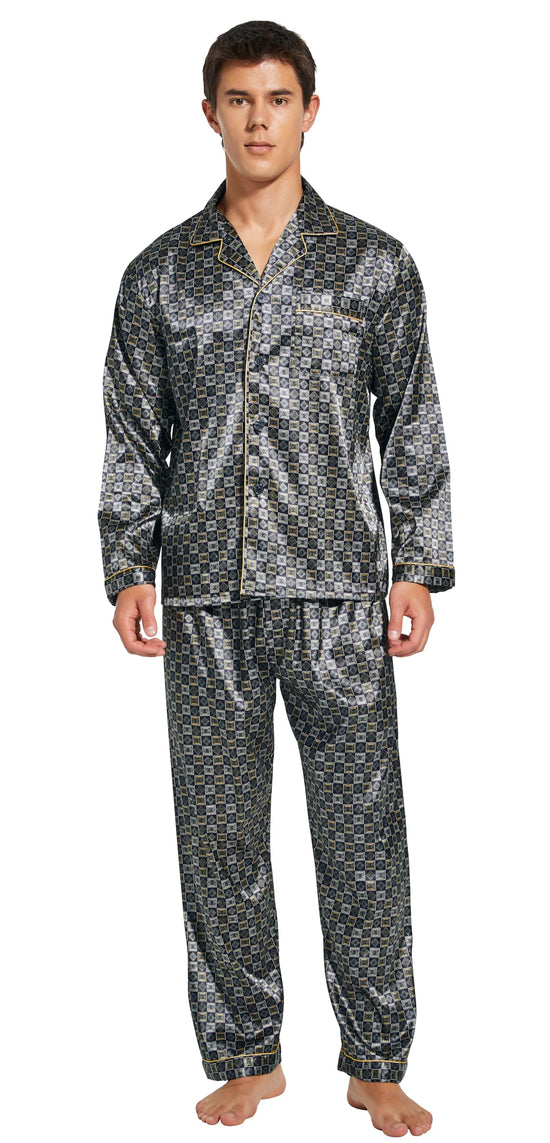 Herren-Pyjama-Set aus klassischem Satin, Nachtwäsche (großes goldenes Karomuster)
