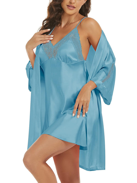 Seidenrobe für Damen, Satin-Nachthemd, sexy Spitzenpyjama-Set, 2-teiliges Nachtwäsche-Set, Cami-Nachthemd, Brautjungfernrobe, Hellblau, XL