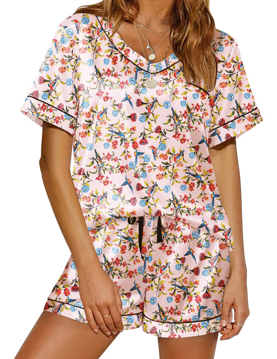 Ekouaer Seidenpyjama für Damen, Satin-Pyjama-Set, 2-teilig, Kurzarm-Pyjama-Set, weiche Sommer-Nachtwäsche mit Taschen, Papageiengarten, Größe M