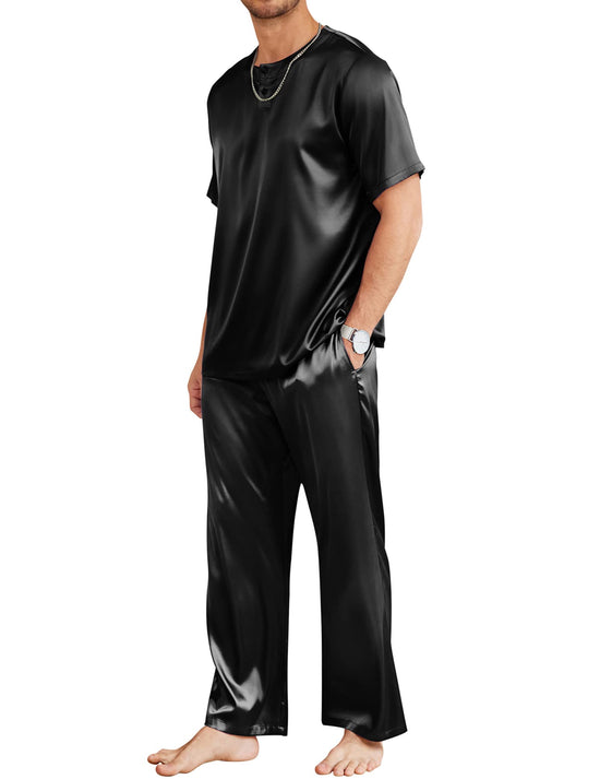 Ekouaer Seidenpyjama für Herren, Kurzarm-Satin-Pyjama-Set mit Knopfleiste, klassisches Pyjama-Set mit langer Hose, Schwarz, Größe XL