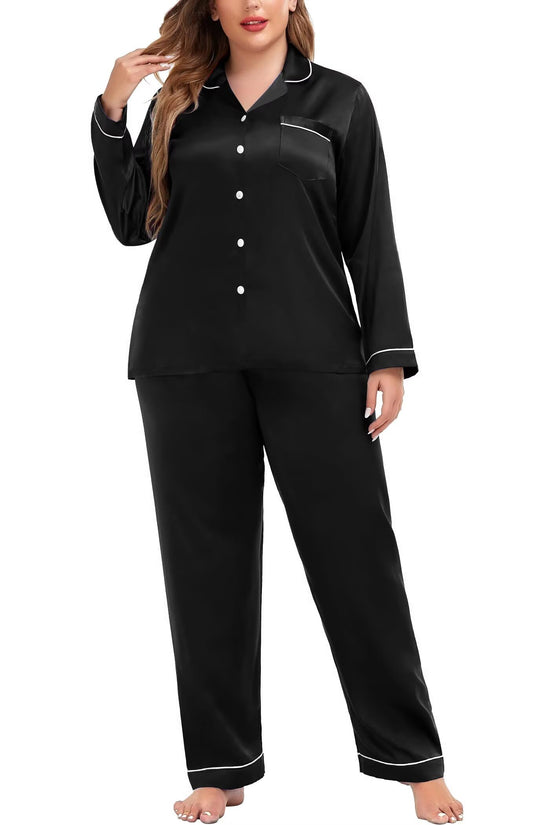 SWOMOG Pyjama-Set in Übergröße für Damen, Seidensatin-Pyjama, langärmlig, mit Knopfleiste, weiches Pyjama-Set mit Brusttasche
